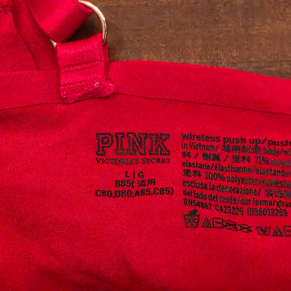 PINK Victoria's Secret Bra Womens L Red Wireless Push Up Seamless Bralette Logo - Picture 5 of 6